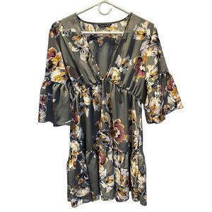 Schein Mini Dress Large(8-10) Gray with yellow/pink multi floral pattern